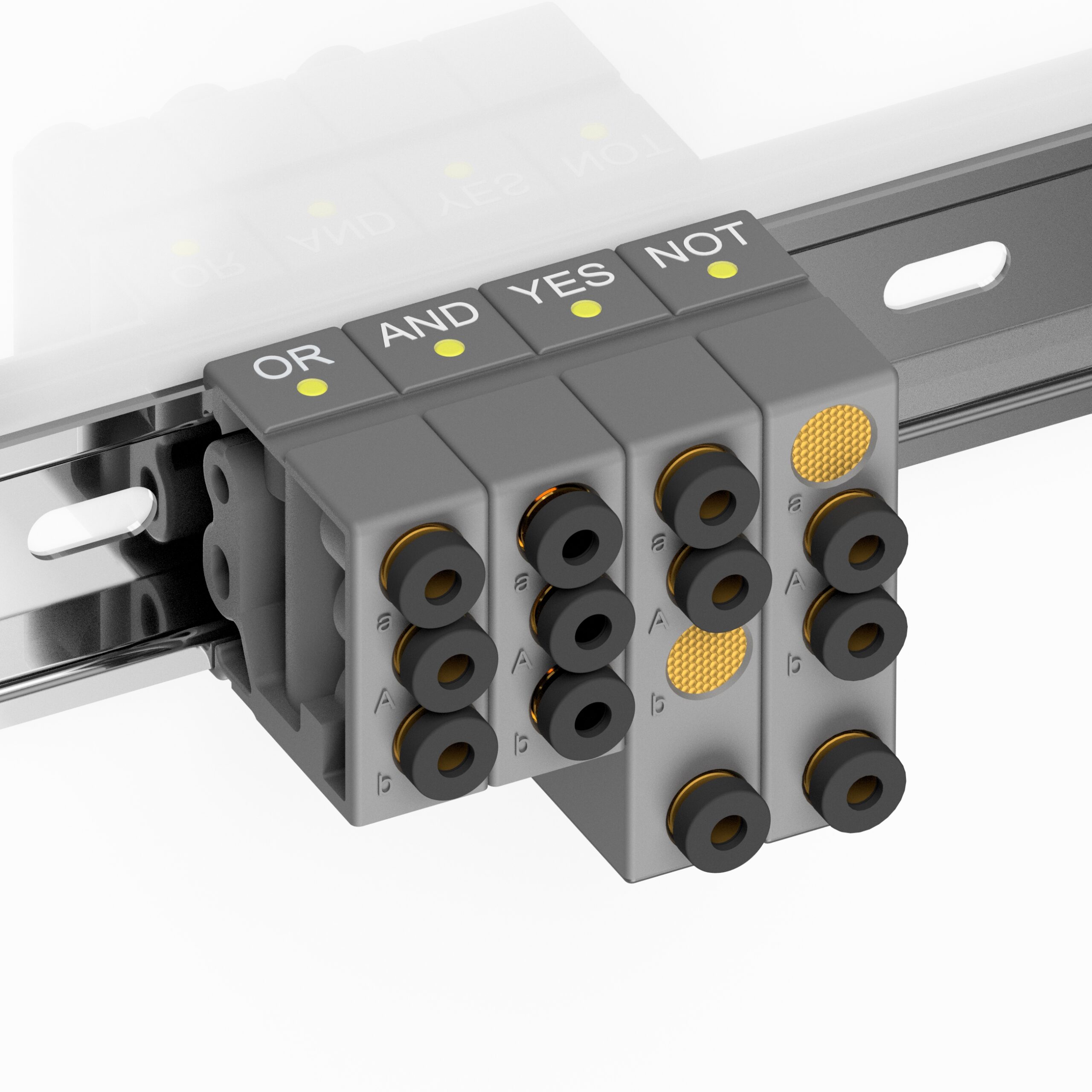 Front view of 4 logic valves, with the logic functions OR, AND, YES and NOT, mounted on a top-hat rail